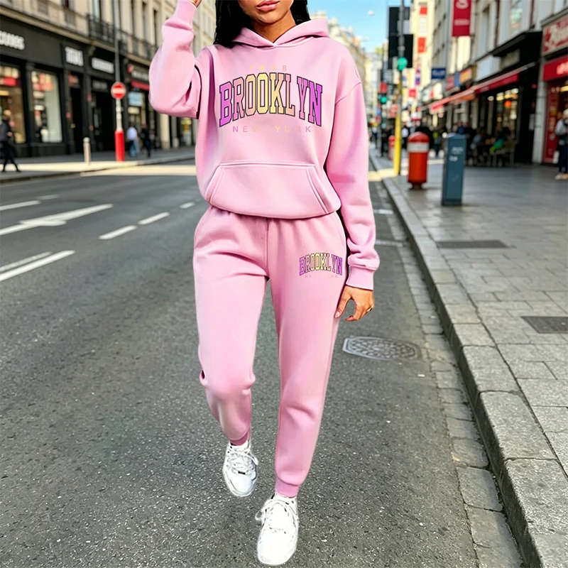 Winter Clothing Pants - Lässige Damen-Outfits, bedrucktes Kapuzen-Sweatshirt, 2-teiliger Anzug,
